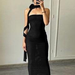 Flower Choker Detail Strapless Mesh Maxi Dress