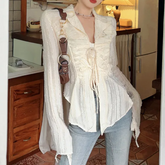Front Tie Ruffle Long Sleeves Blouse