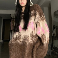 Fuzzy Contrast Color Print Oversized Sweater