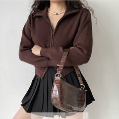 Lapel Double Zip Turtleneck Knitted Sweater