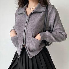 Lapel Double Zip Turtleneck Knitted Sweater