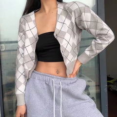 Plaid Preppy Argyle Cardigan