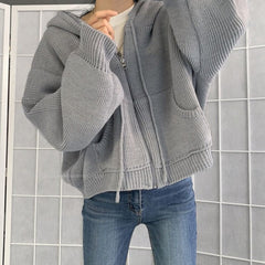 Hooded Zip Up Knit Cardigan