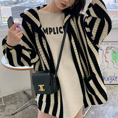 Knit Contrast Color Stripe Hooded Cardigan