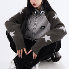 Knit Star Print Loose High Neck Cardigan
