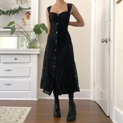 Lace Button Front Black Maxi Dress
