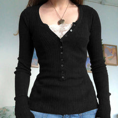 Lace Paneled Button Long Sleeve Knit Top