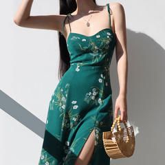 Lace Up Slit Green Midi Dress
