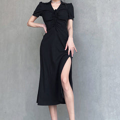 Lace Up Slit Knitted Black Maxi Dress
