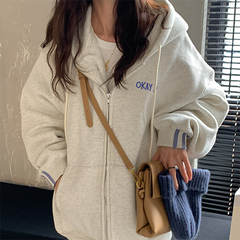 Letter Embroidery Baggy Zip Up Hoodie