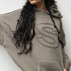 Letter Jacquard Hooded Baggy Knit Sweater