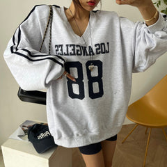 Letter Print Piping V-Neck Oversized Sweatshirt