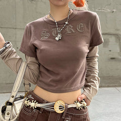 Logo Embroidered Patchwork Long Sleeve Crop Top