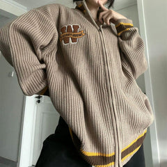 Logo Embroidery Zip Up Knit Cardigan