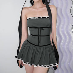 Off Shoulder Ribbon Trim Lace Up Slim Mini Dress