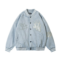 Oversized Pu Leather Flame Varsity Jacket