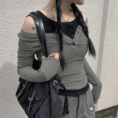 Patchwork Buttoned Long Sleeve Knit Top