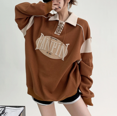 Patchwork Polo Neck Vintage Sweatshirt