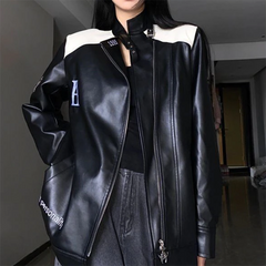 Patchwork Pu Leather Zip Up Jacket