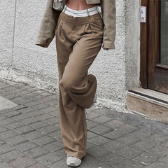 Patchwork Waist Baggy Pleated Tailored Pants