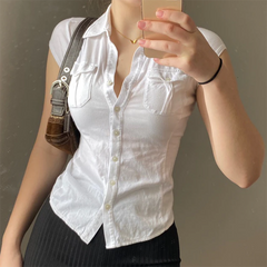Pocket Button Down Cropped Blouse