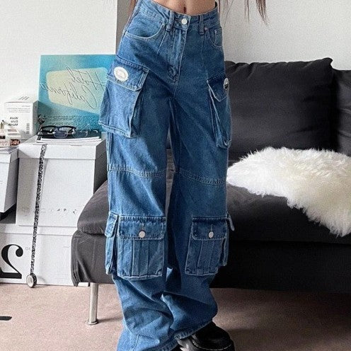 Black Patchwork Baggy Jeans with Buckle Details