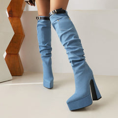 Pointed Toe Denim Over Knee Boots
