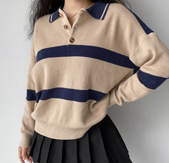 Polo Neck Button Striped Sweater