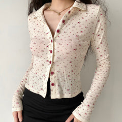 Polo Neck Floral Rib Blouse