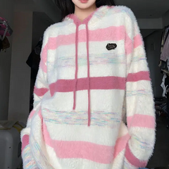 Preppy Contrast Color Stripe Fuzzy Hooded Sweater