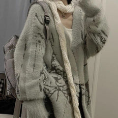 Print V Neck Zip Up Loose Cardigan