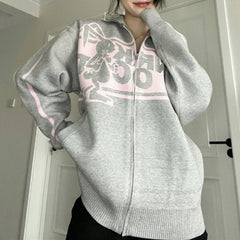 Rabbit Print Oversized Zip Up Cardigan