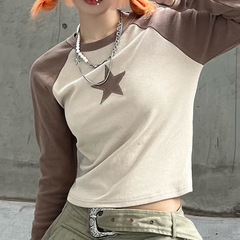 Raglan Sleeve Star Patch Knit Crop Top