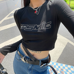 Rhinestone Letter Long Sleeve Crop Top