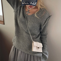 Ribbed Tattered V Neck Sweater