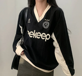 Preppy Contrast Color Letter Print V Neck Sweatshirt