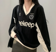 Preppy Contrast Color Letter Print V Neck Sweatshirt