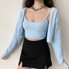 Cropped Button Knit Two Piece Cardigan