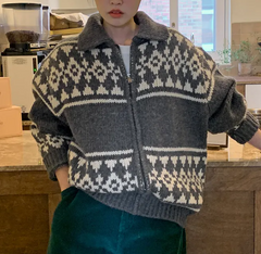 Vintage Print Jacquard Zip Up Cardigan