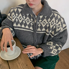 Vintage Print Jacquard Zip Up Cardigan