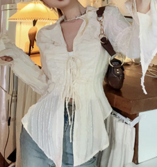 Front Tie Ruffle Long Sleeves Blouse