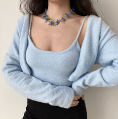 Cropped Button Knit Two Piece Cardigan