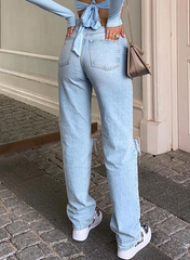 Blue Wash Straight Leg Knee Ripped Jeans