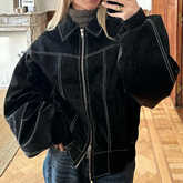 Stitching Details Oversized Leather Jacket