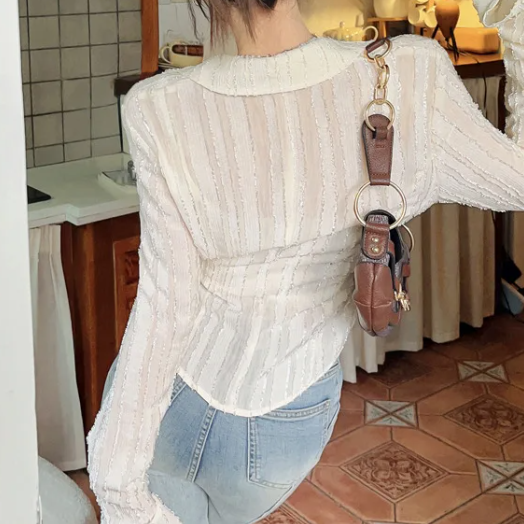 Front Tie Ruffle Long Sleeves Blouse