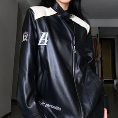 Patchwork Pu Leather Zip Up Jacket