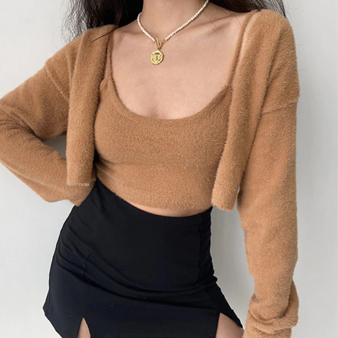 Cropped Button Knit Two Piece Cardigan