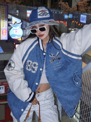 Toweling Embroidered Baggy Denim Varsity Jacket