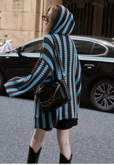 Knit Contrast Color Stripe Hooded Cardigan