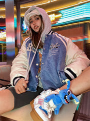 Toweling Embroidered Baggy Denim Varsity Jacket